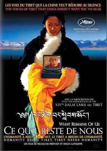 
Kalsang Dolma holding DVD Player with Dalai Lama image and lake behind - What Remains Of Us DVD cover
